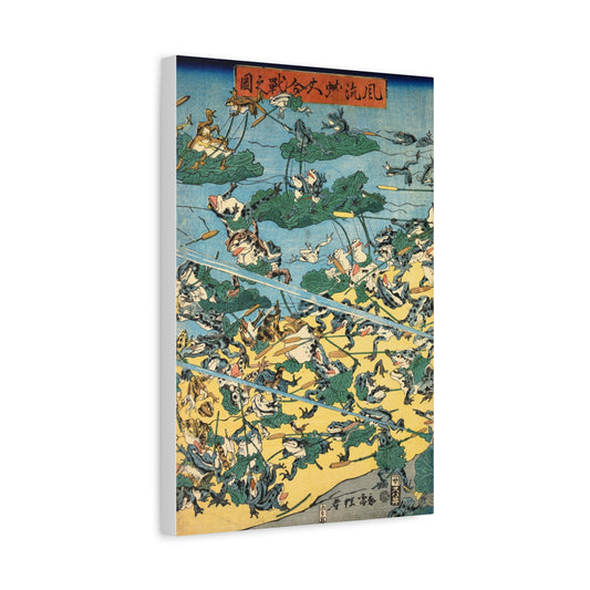 Fashionable Battle of Frogs # 2, 1864 Japanese Woodblock Print by Kyosai, Vintage Frogs on 12x18 Canvas