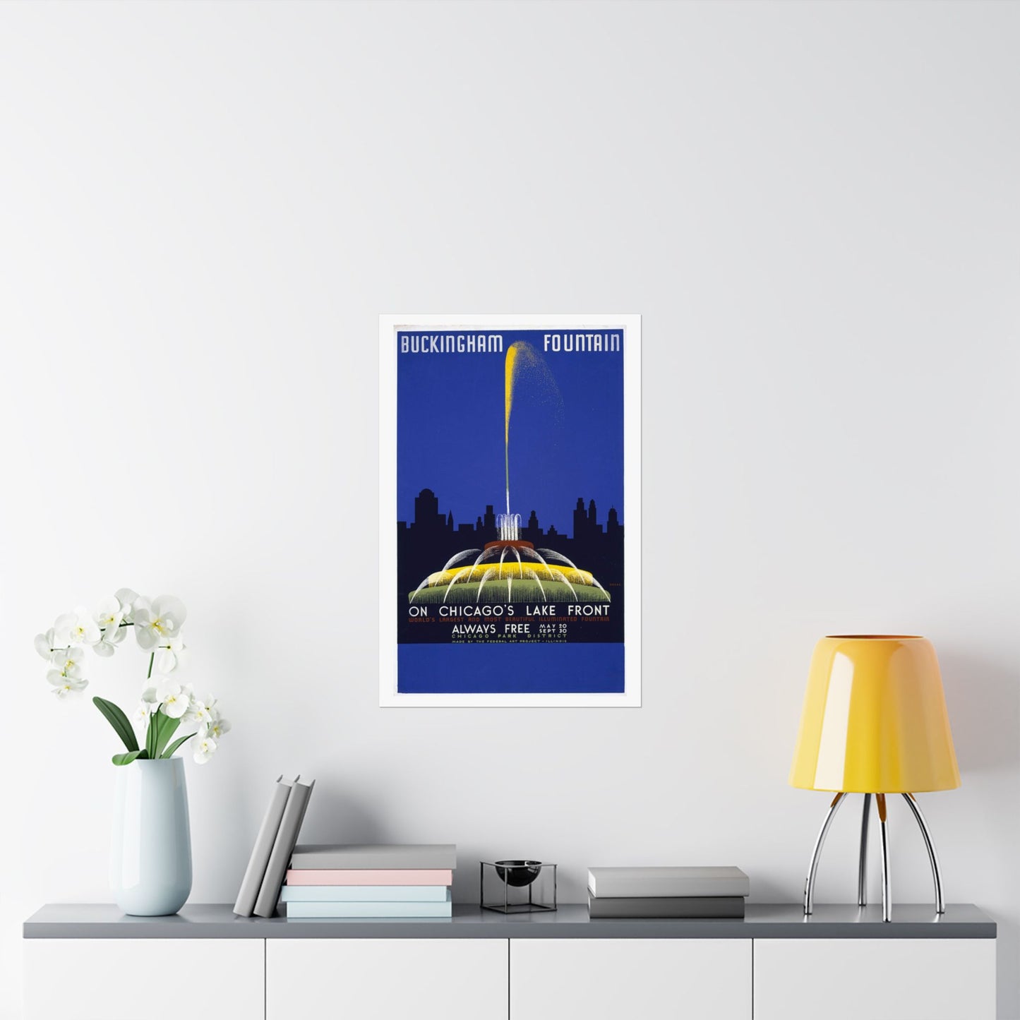 Buckingham Fountain Poster, 1939 WPA Chicago Print, Art Deco Lakefront Travel Art 20x30