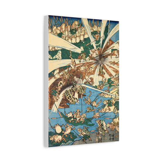 Fashionable Battle of Frogs # 3, 1864 Japanese Woodblock Print by Kyosai, Vintage Frogs on 12x18 Canvas