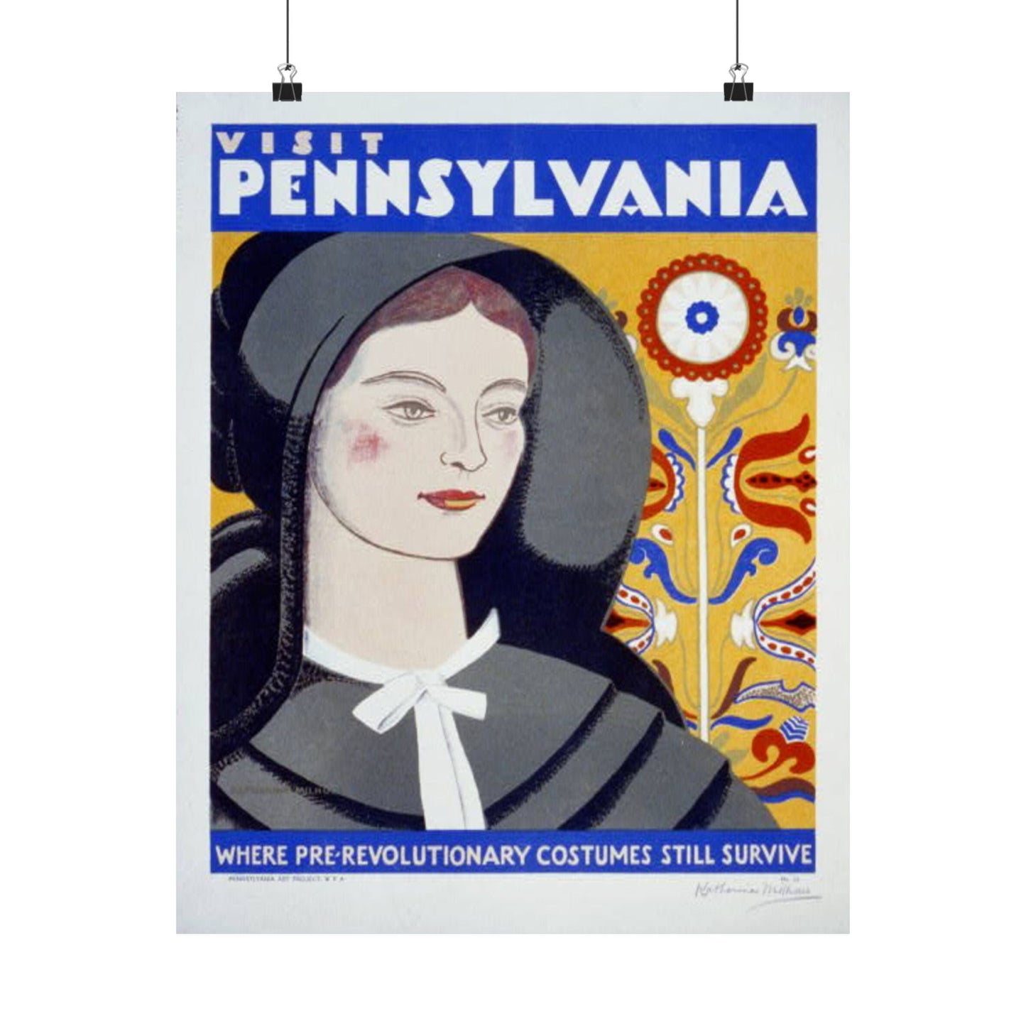 Visit Pennsylvania WPA Poster, 1936 Folk Art Print by Katherine Milhous, Colonial Costume & Fraktur 16x20