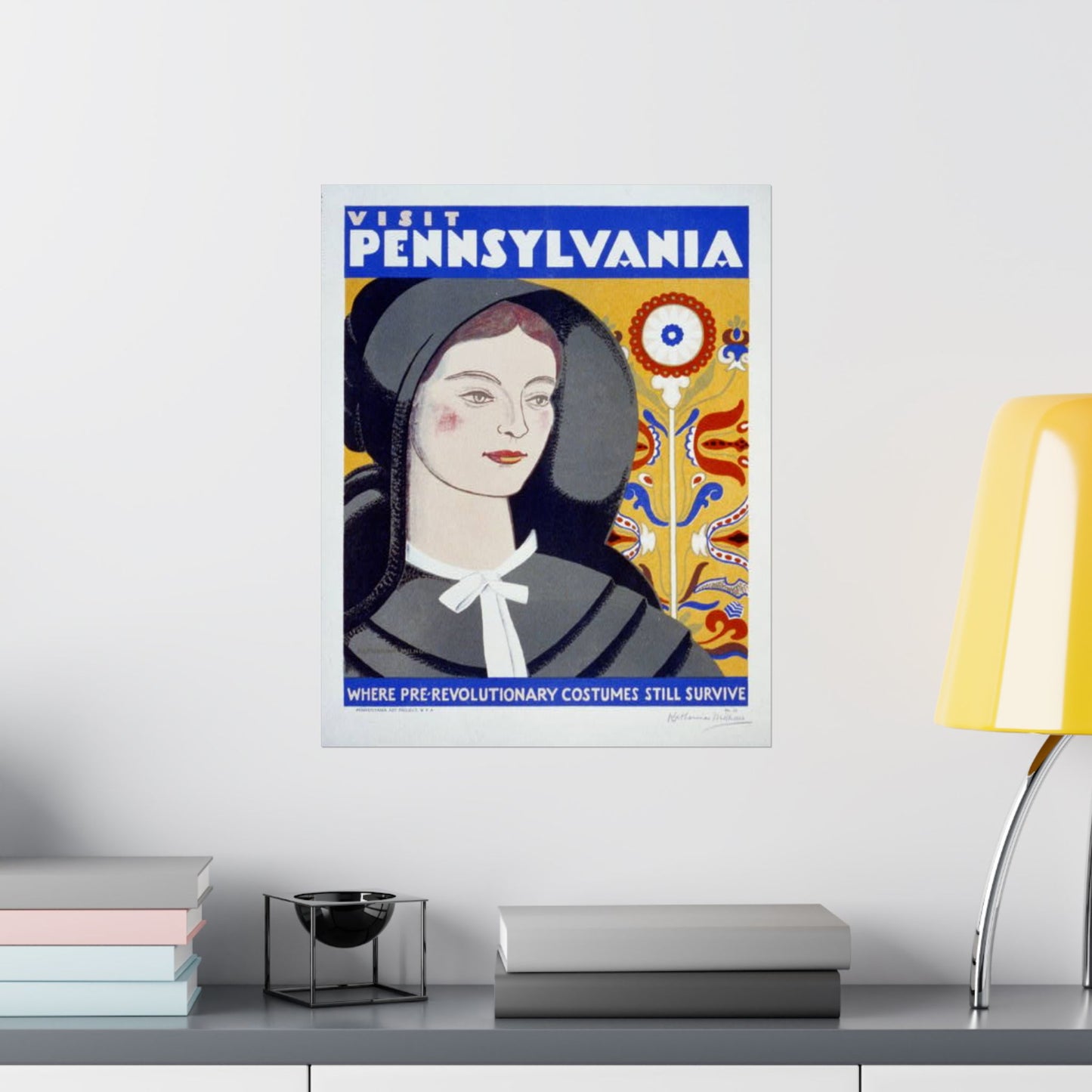 Visit Pennsylvania WPA Poster, 1936 Folk Art Print by Katherine Milhous, Colonial Costume & Fraktur 16x20