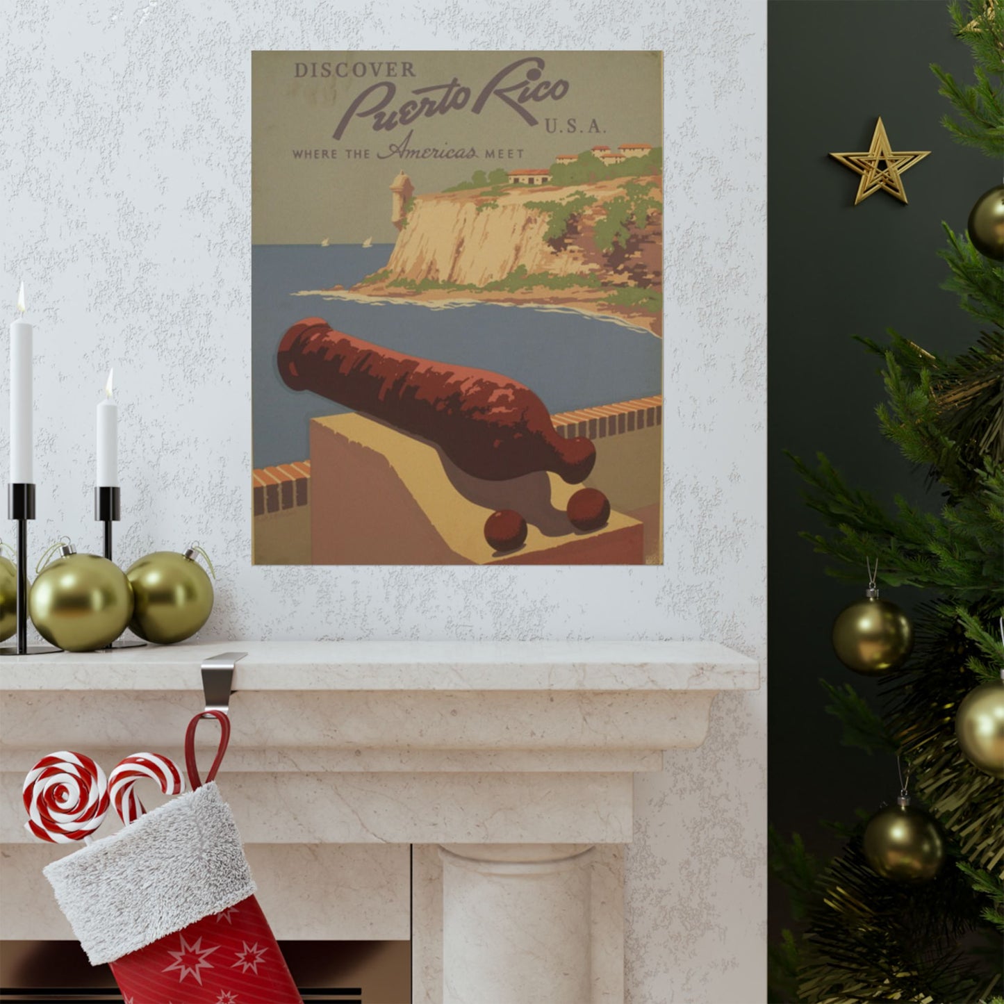 Discover Puerto Rico WPA Poster, 1930s Travel Print by Frank S. Nicholson, El Morro & Coastal View 16x20