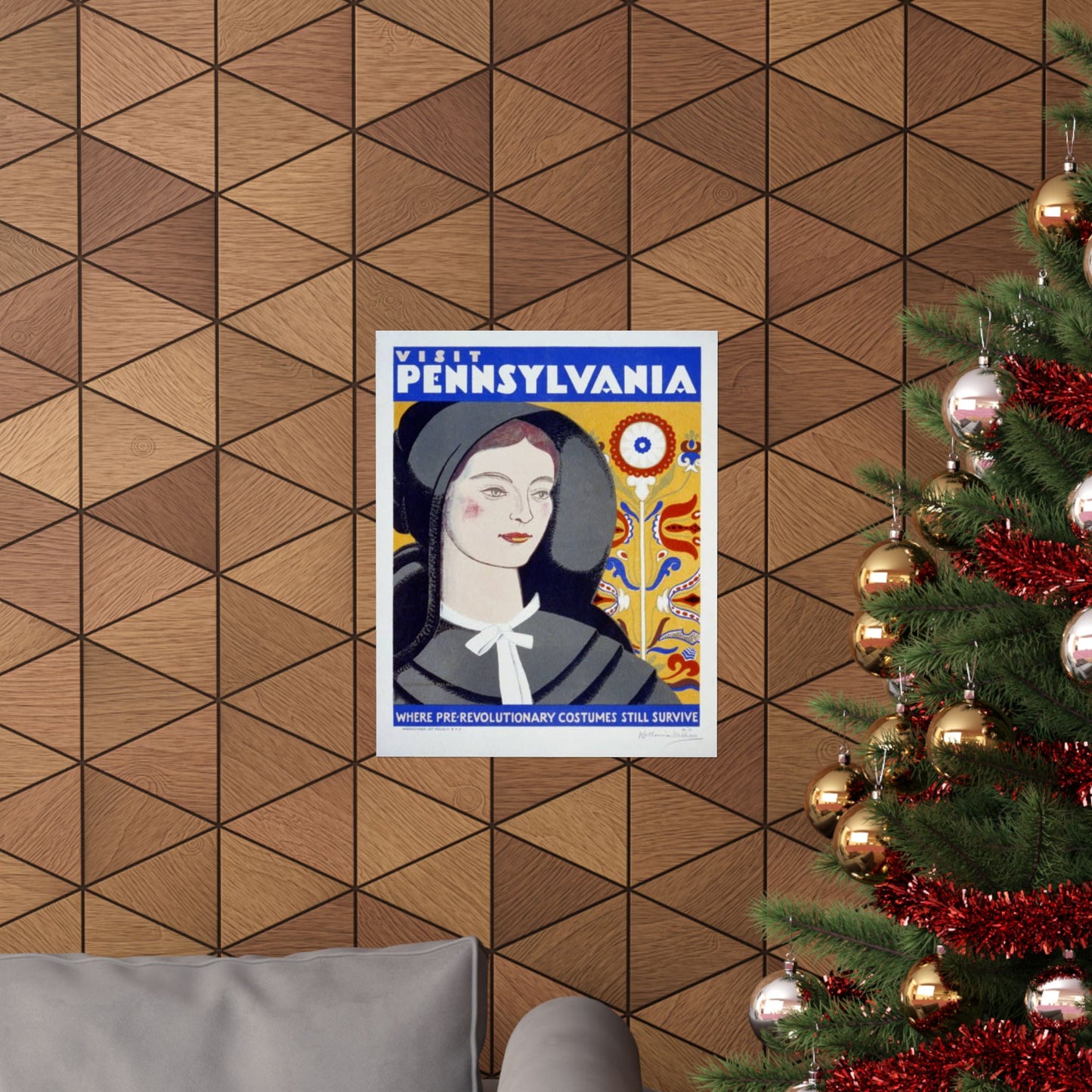 Visit Pennsylvania WPA Poster, 1936 Folk Art Print by Katherine Milhous, Colonial Costume & Fraktur 16x20
