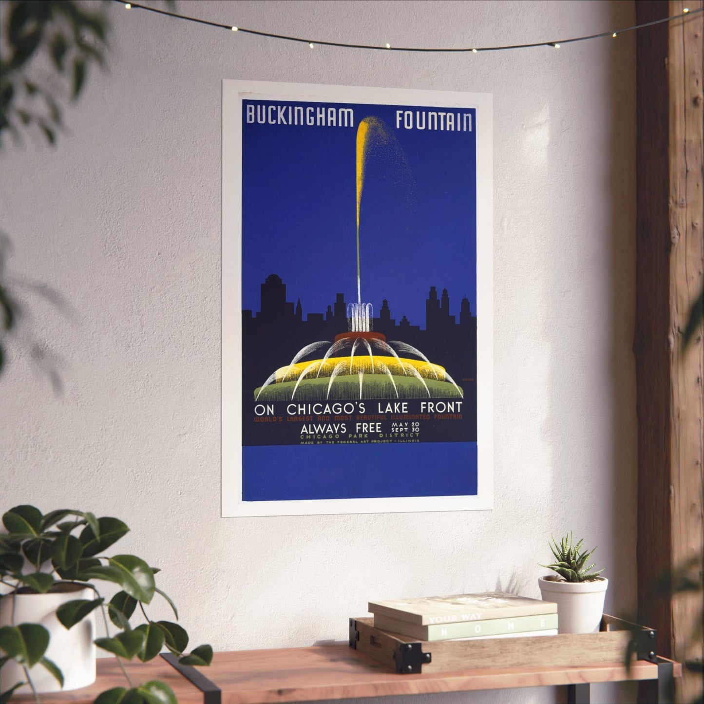 Buckingham Fountain Poster, 1939 WPA Chicago Print, Art Deco Lakefront Travel Art 20x30
