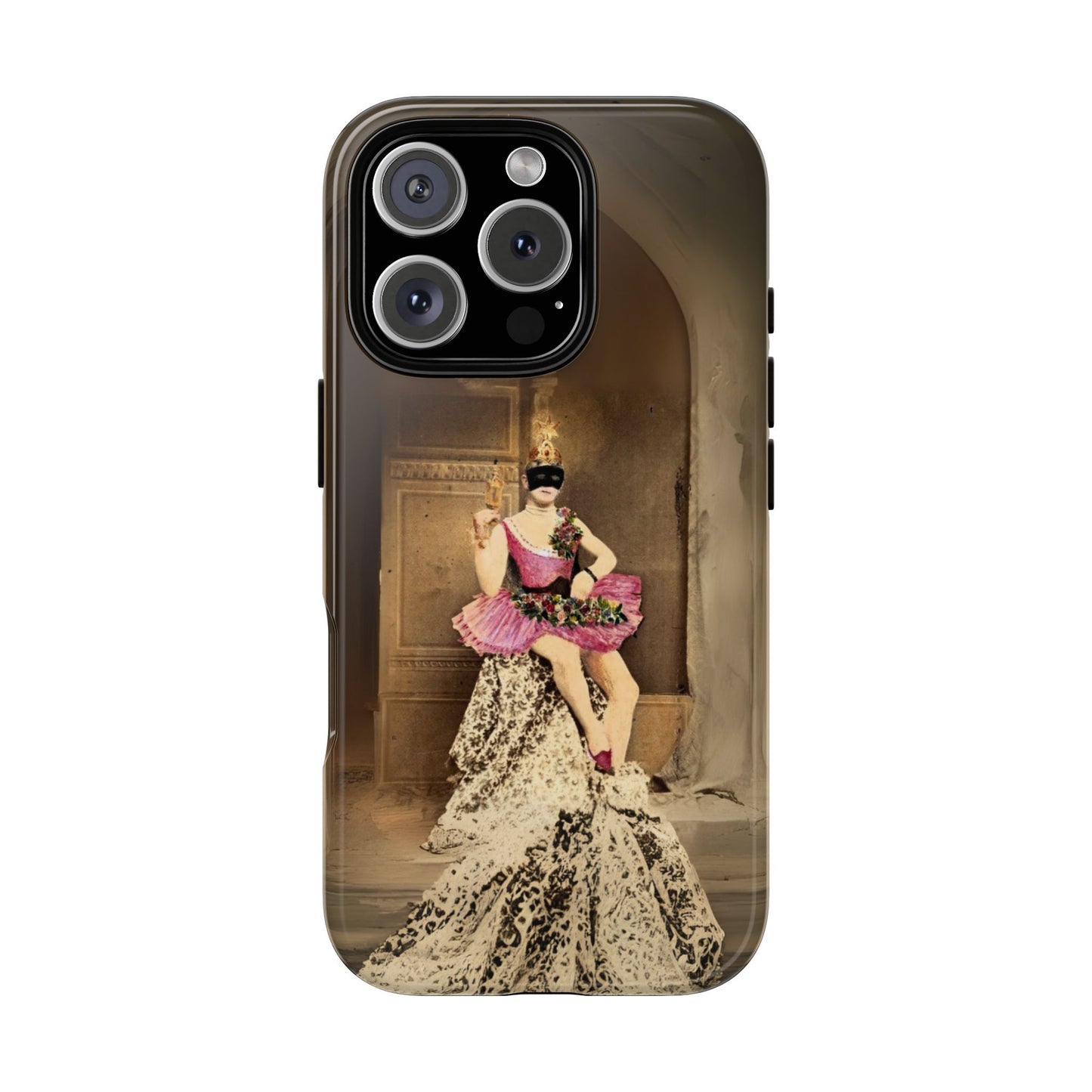 Victorian Masquerade iPhone 16 Case, Fin-de-Siècle French Postcard Art, Vintage Pink Tutu Collage