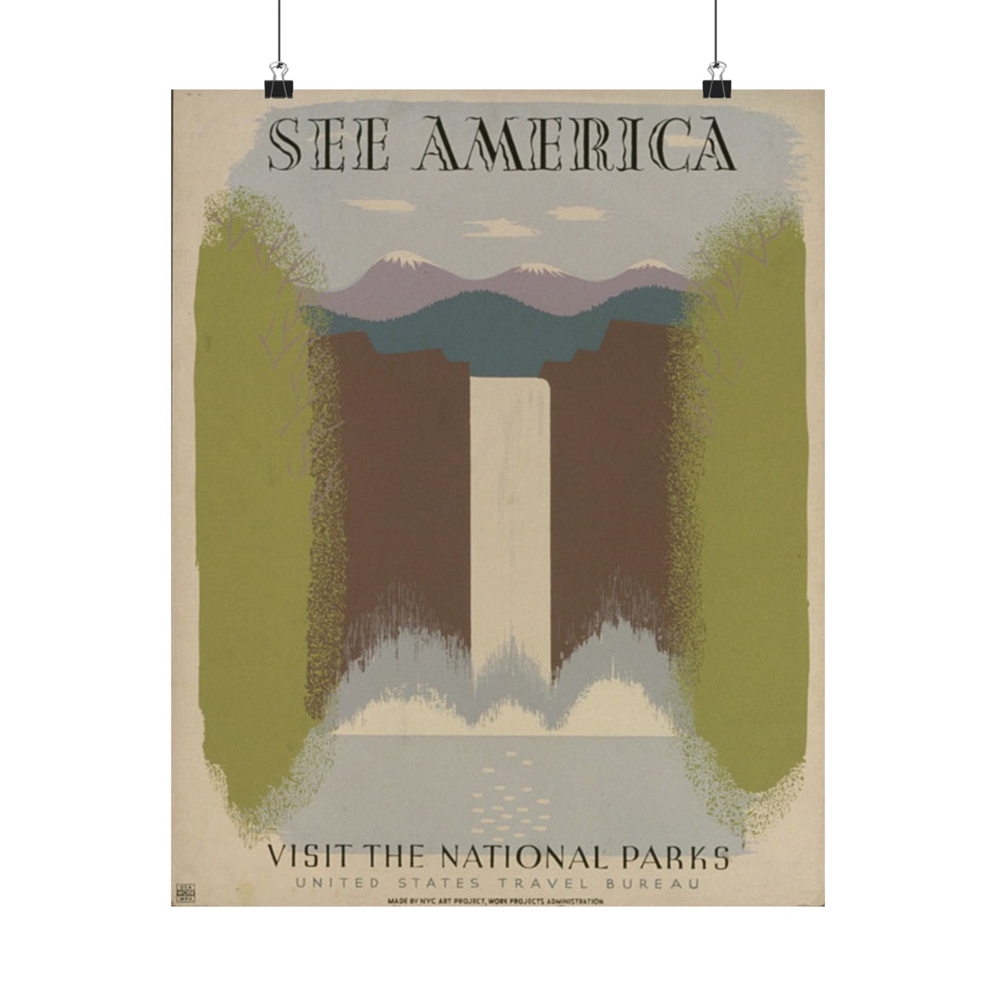 See America WPA Poster, 1936 National Parks Waterfall Print by Harry Herzog 16x20