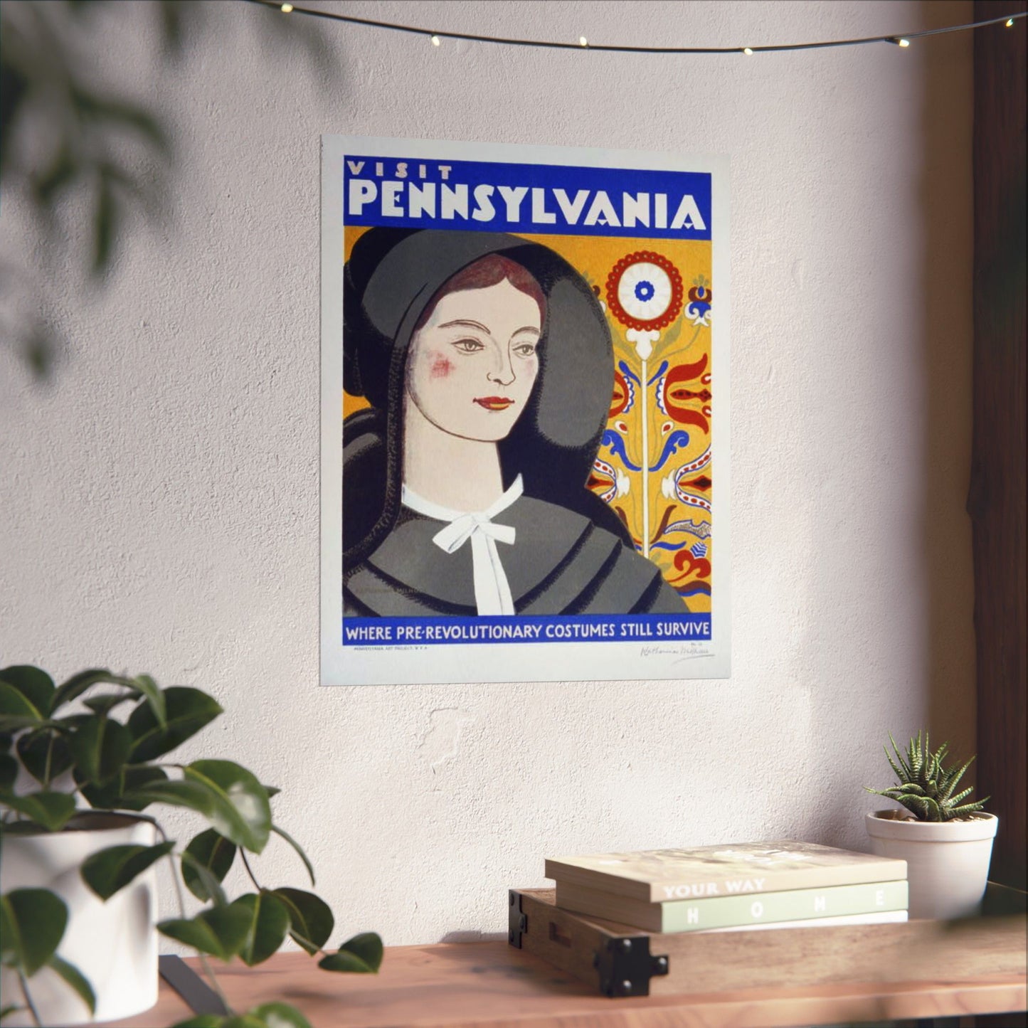 Visit Pennsylvania WPA Poster, 1936 Folk Art Print by Katherine Milhous, Colonial Costume & Fraktur 16x20