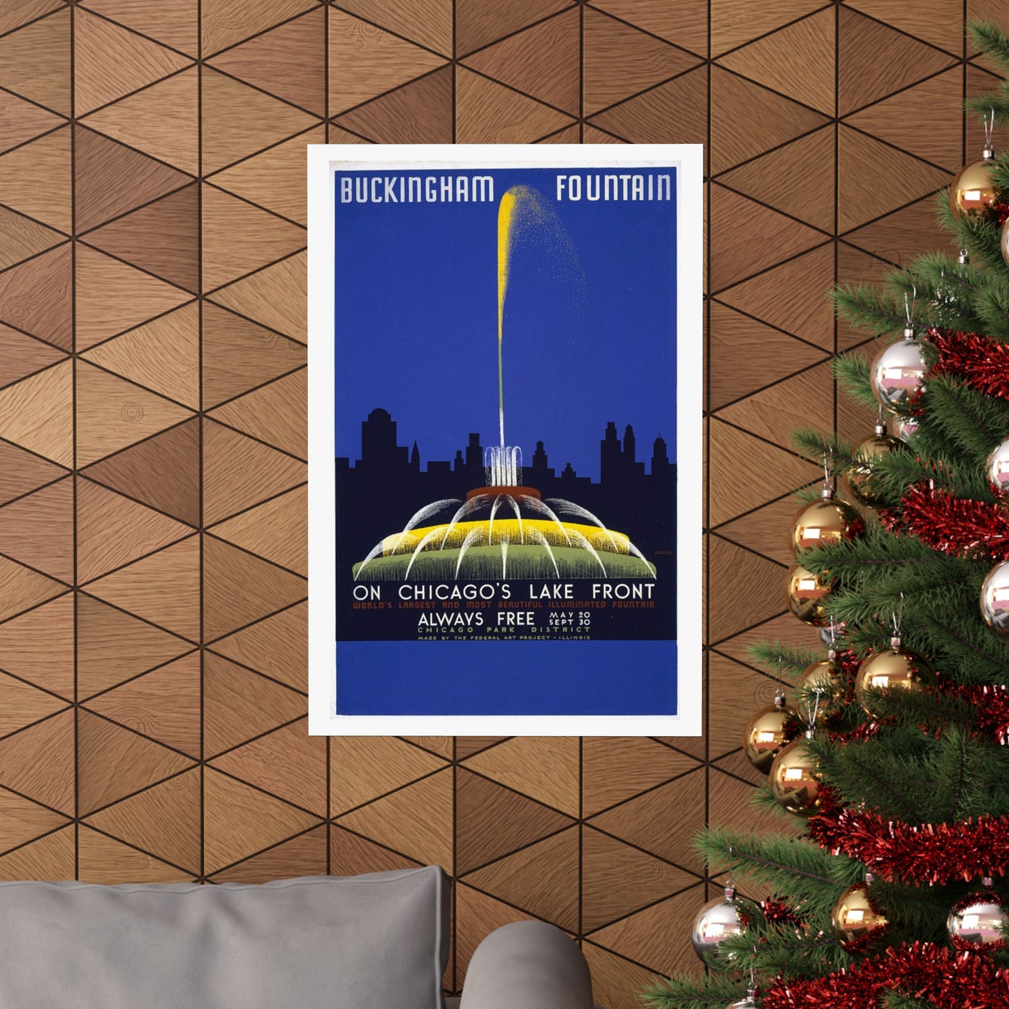 Buckingham Fountain Poster, 1939 WPA Chicago Print, Art Deco Lakefront Travel Art 20x30
