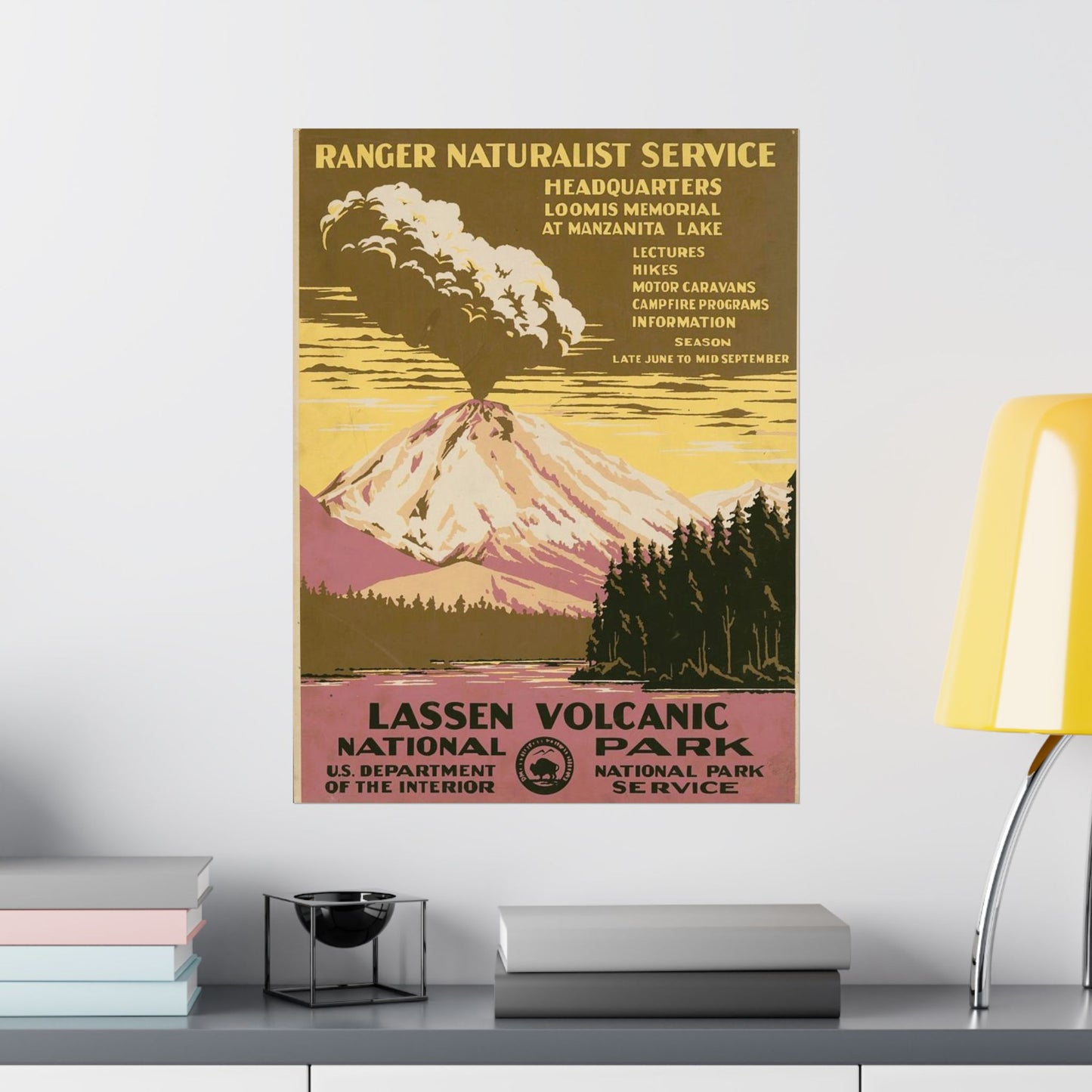 Lassen Volcanic National Park Poster, 1938 Eruption Scene by C. Don Powell, WPA Era Nature Print 18x24