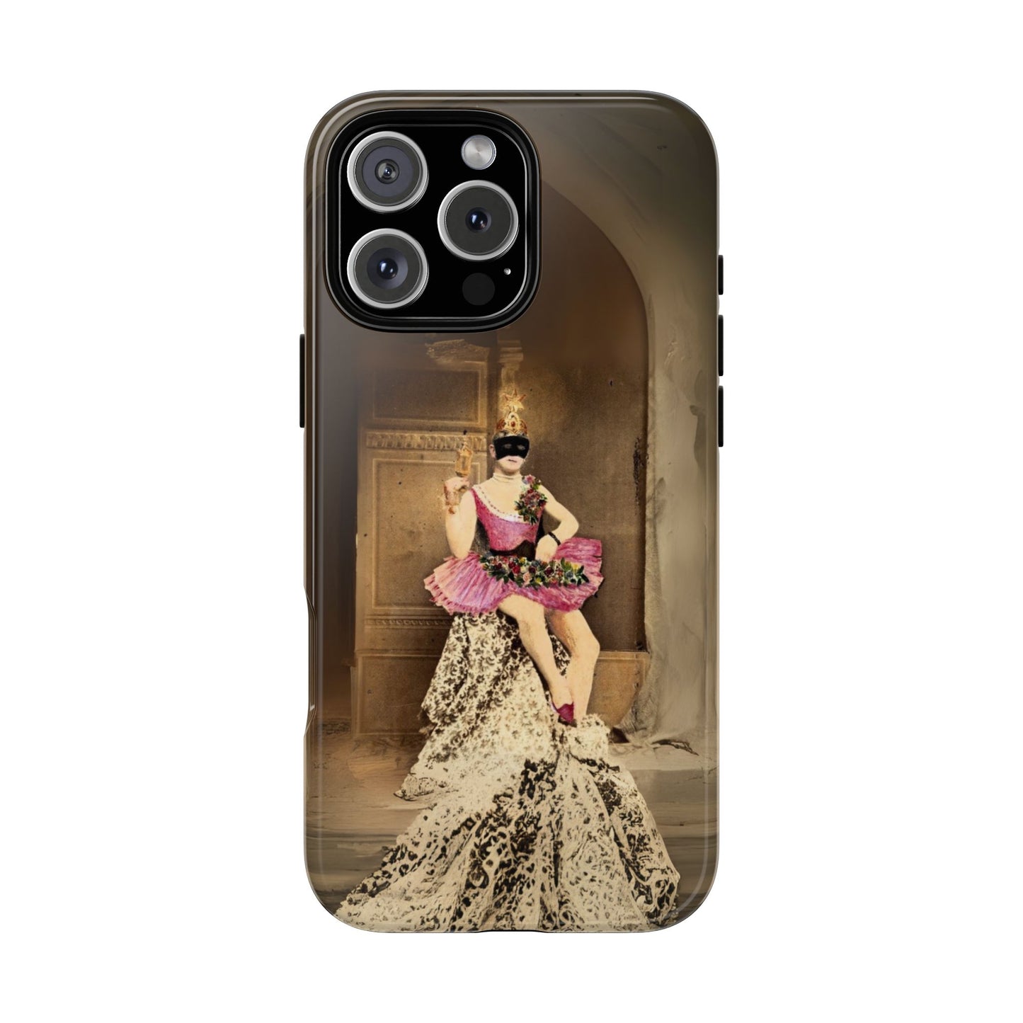 Victorian Masquerade iPhone 16 Case, Fin-de-Siècle French Postcard Art, Vintage Pink Tutu Collage