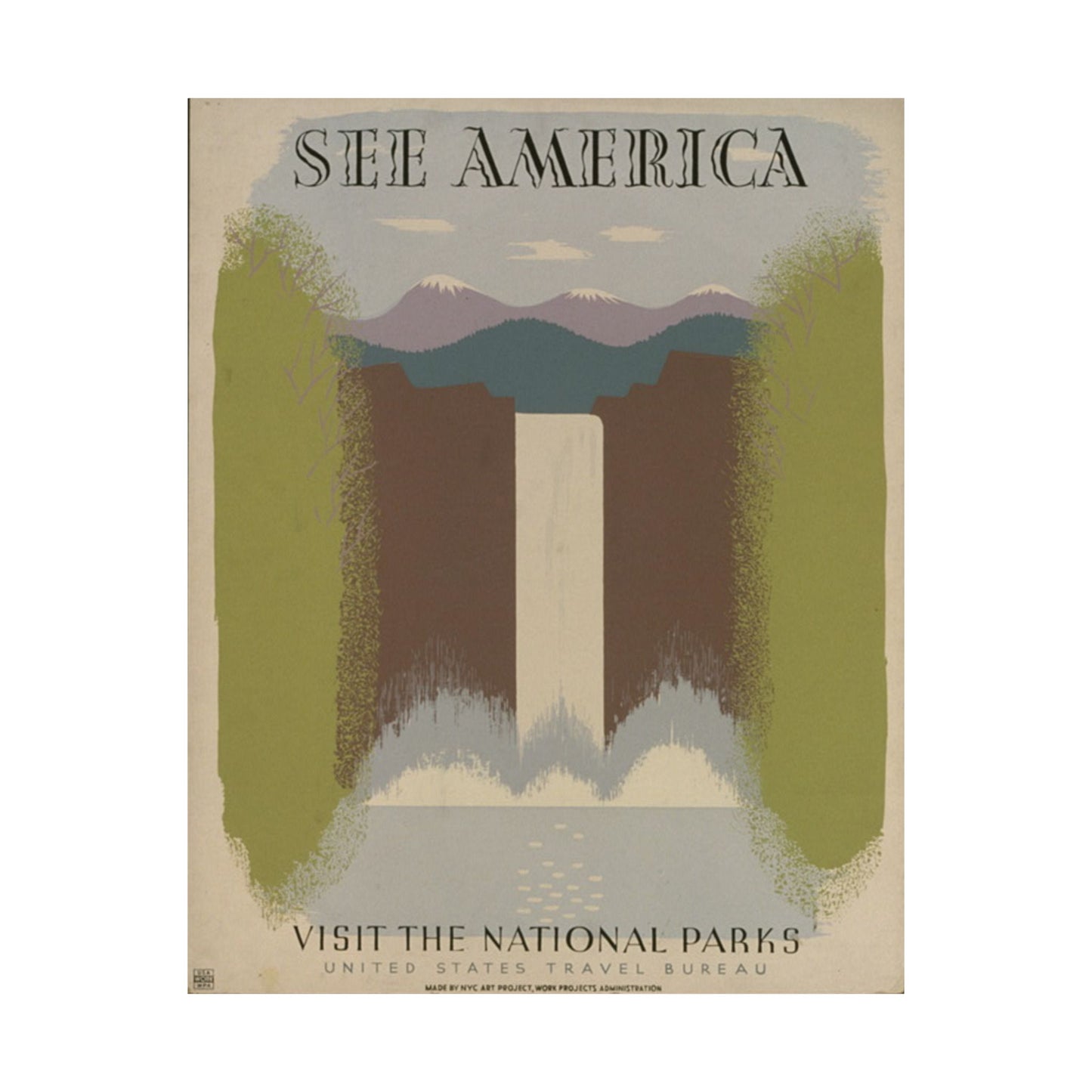 See America WPA Poster, 1936 National Parks Waterfall Print by Harry Herzog 16x20