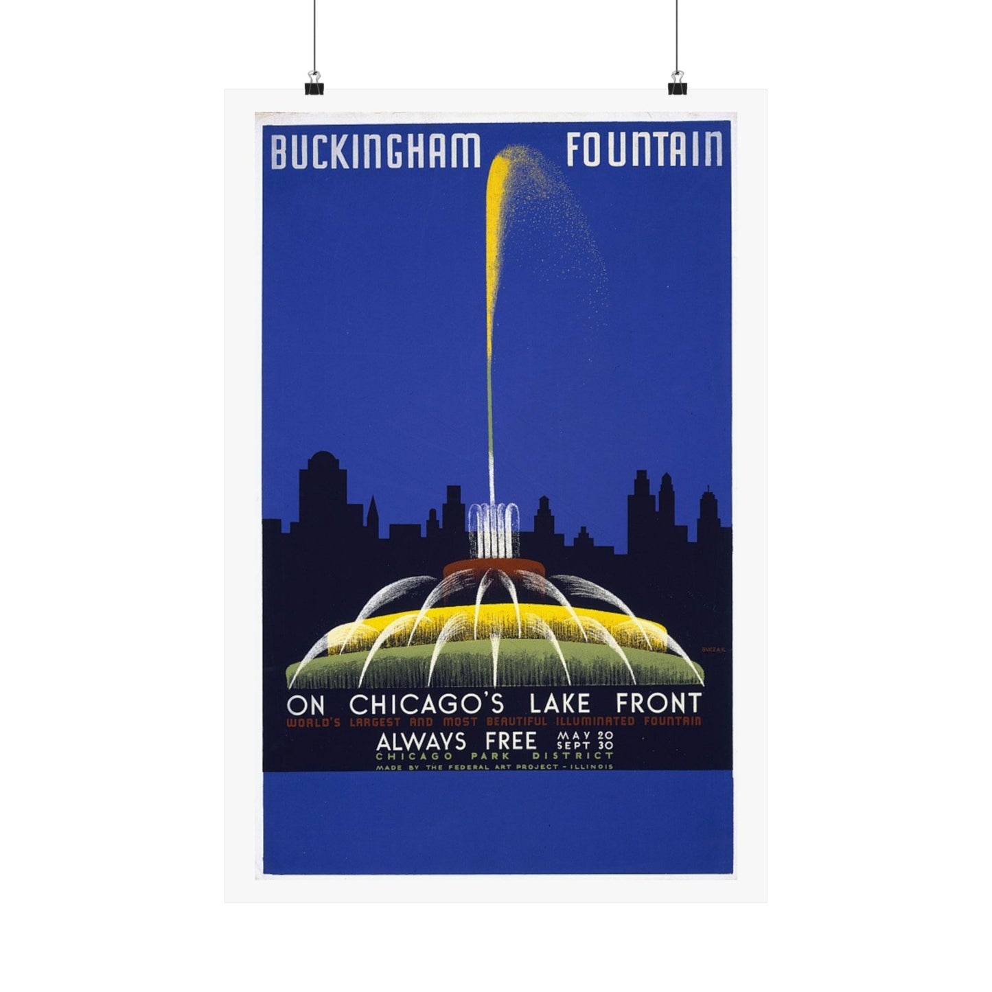 Buckingham Fountain Poster, 1939 WPA Chicago Print, Art Deco Lakefront Travel Art 20x30