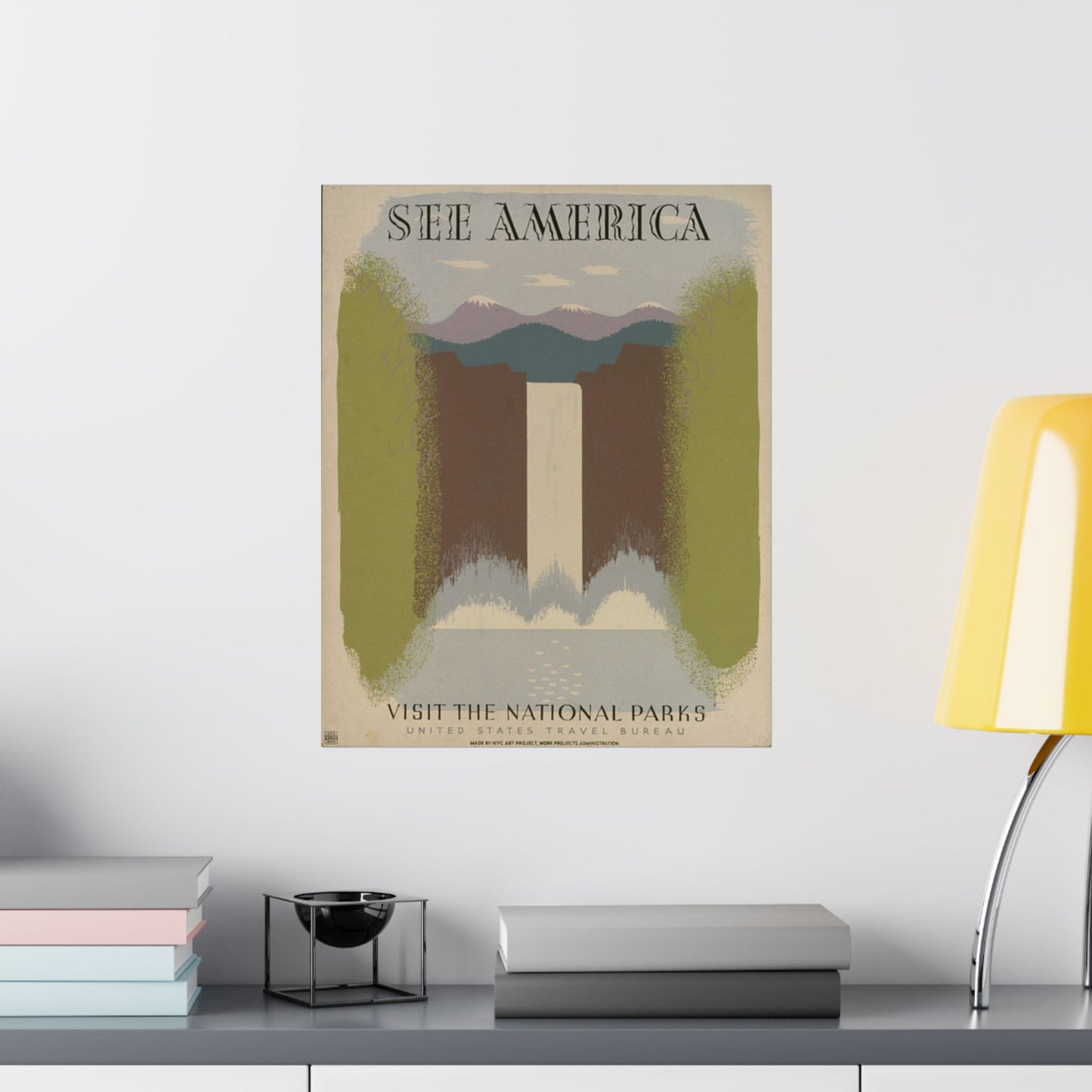 See America WPA Poster, 1936 National Parks Waterfall Print by Harry Herzog 16x20