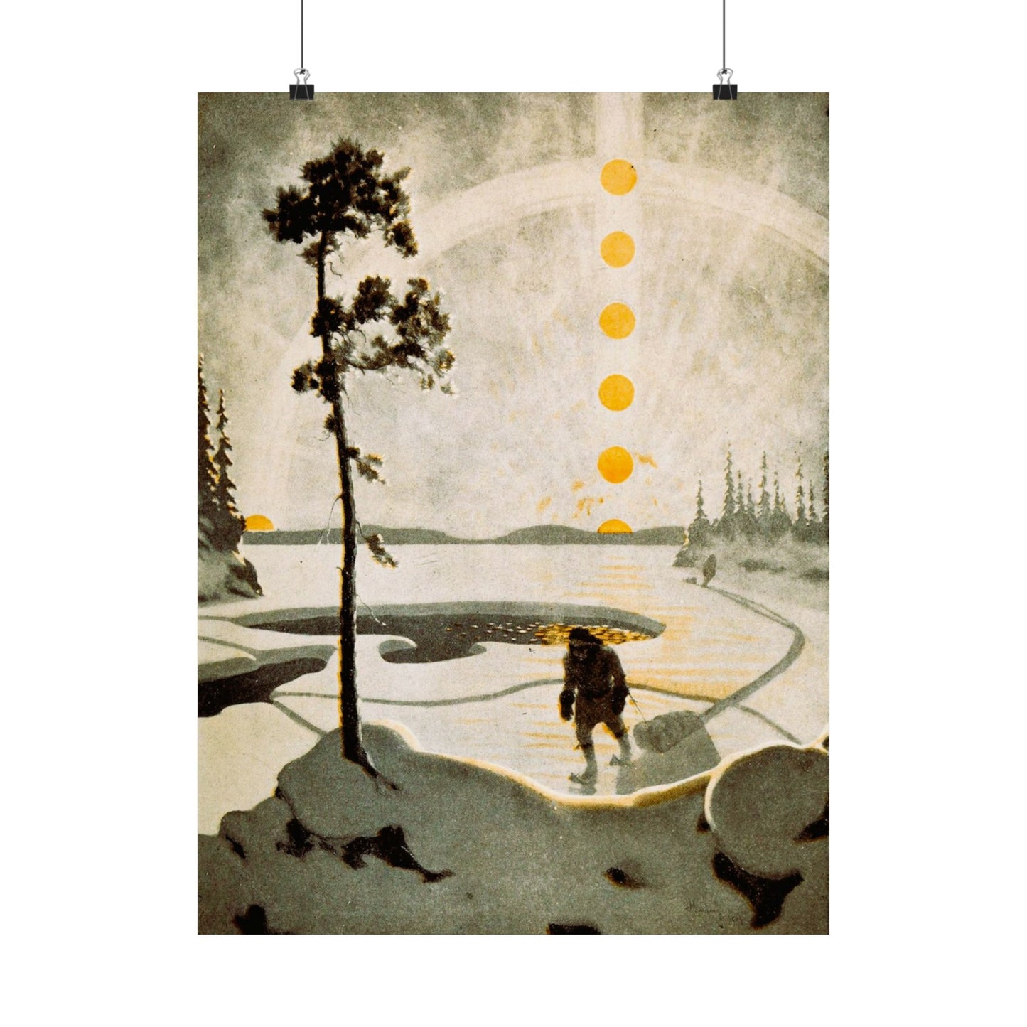 Postmen of the Wilderness, 1921 Arthur Heming Painting, Northern Winter Landscape in Yellow, White & Black 18x24