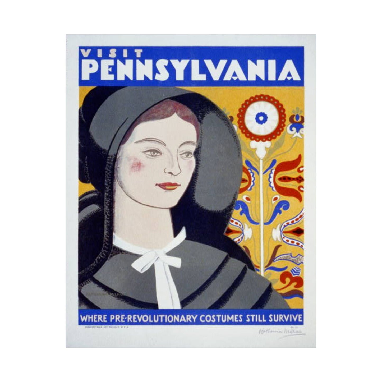 Visit Pennsylvania WPA Poster, 1936 Folk Art Print by Katherine Milhous, Colonial Costume & Fraktur 16x20