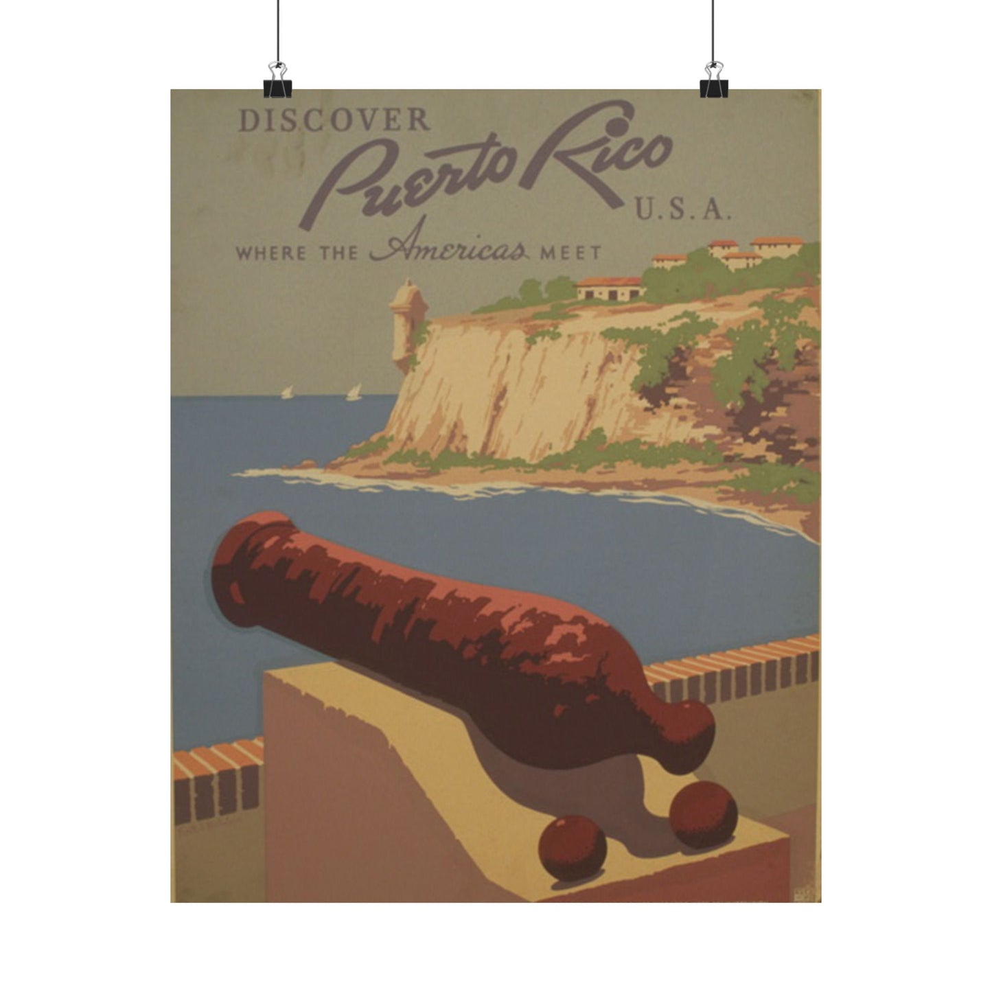 Discover Puerto Rico WPA Poster, 1930s Travel Print by Frank S. Nicholson, El Morro & Coastal View 16x20