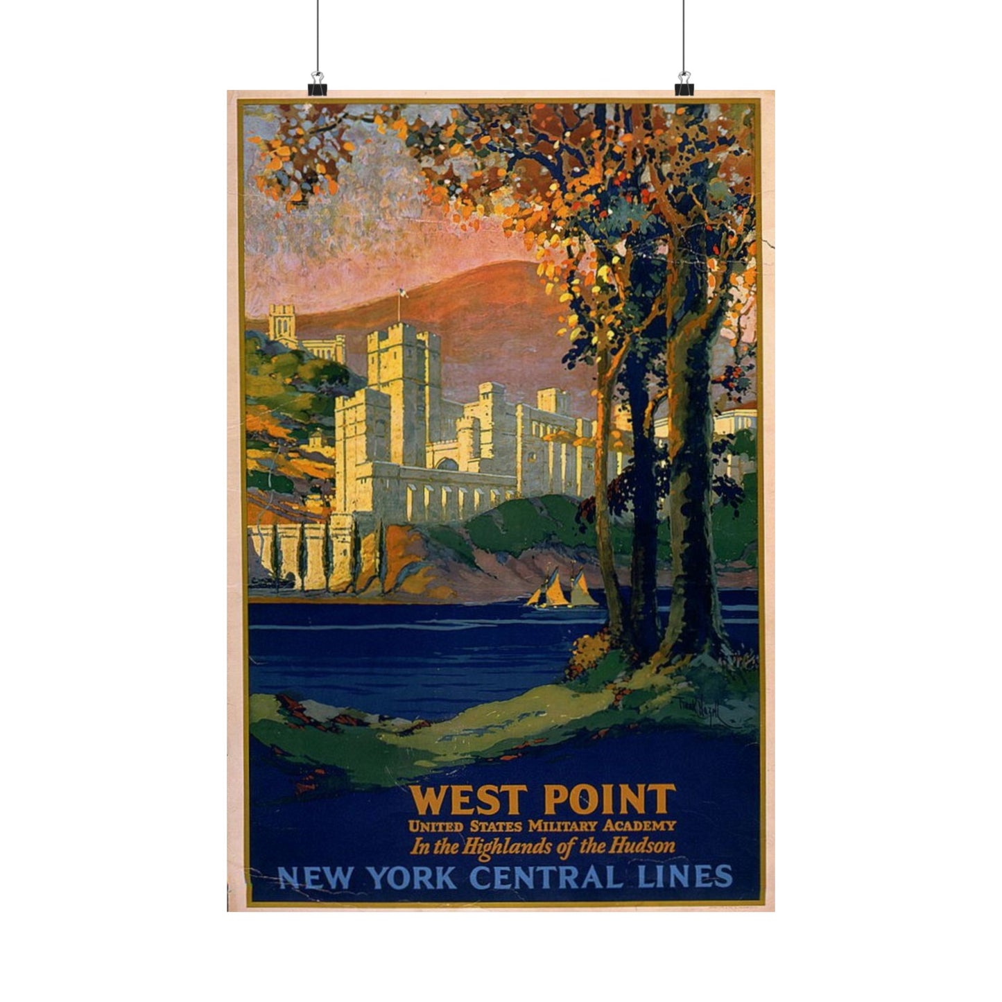 West Point Poster, 1920s Hudson Highlands Travel Art by Frank Hazell, New York Central Lines 20x30