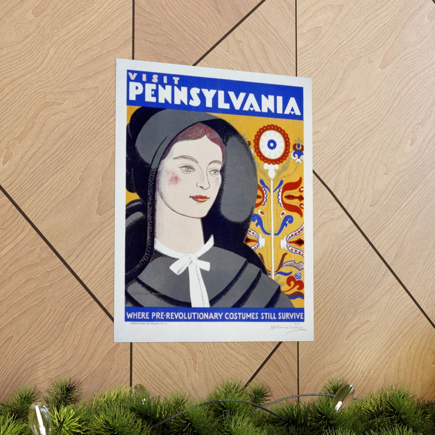Visit Pennsylvania WPA Poster, 1936 Folk Art Print by Katherine Milhous, Colonial Costume & Fraktur 16x20