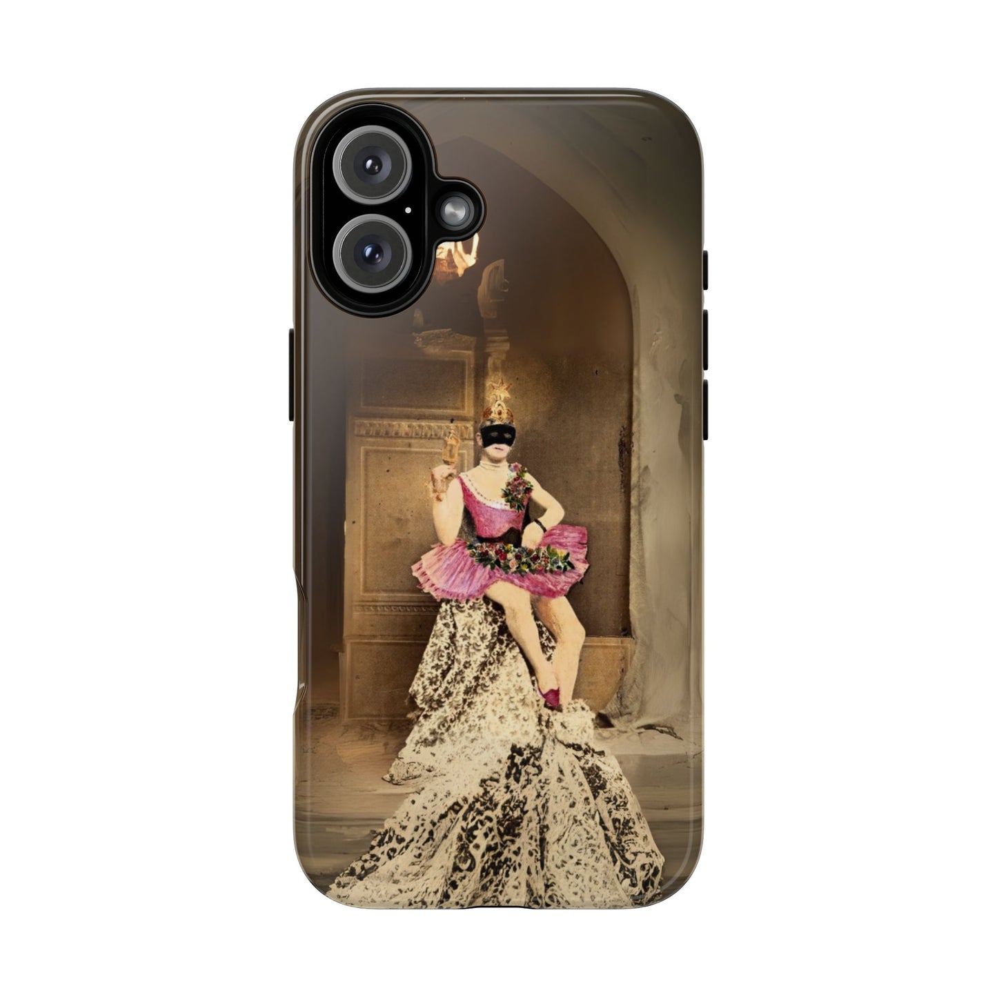 Victorian Masquerade iPhone 16 Case, Fin-de-Siècle French Postcard Art, Vintage Pink Tutu Collage