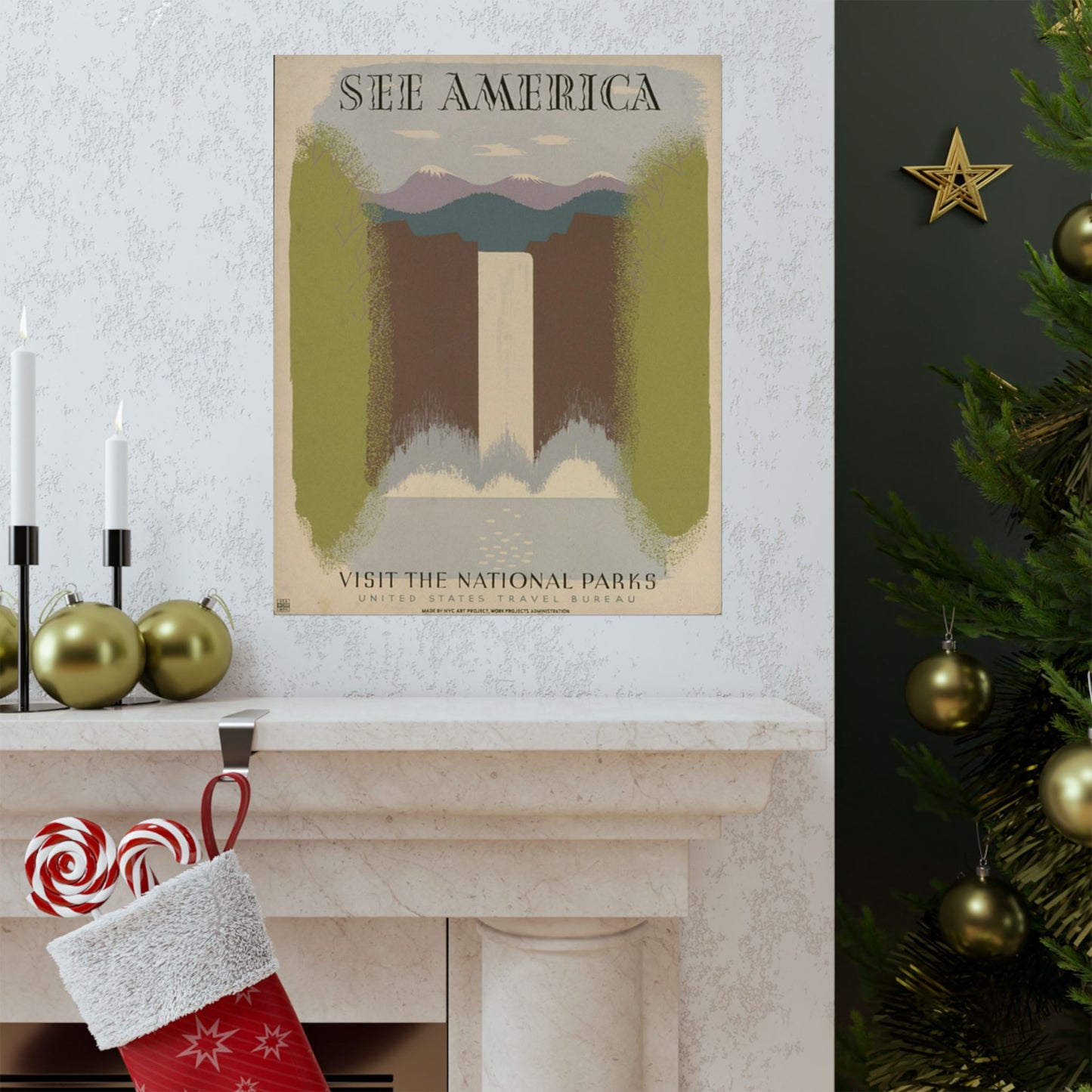 See America WPA Poster, 1936 National Parks Waterfall Print by Harry Herzog 16x20