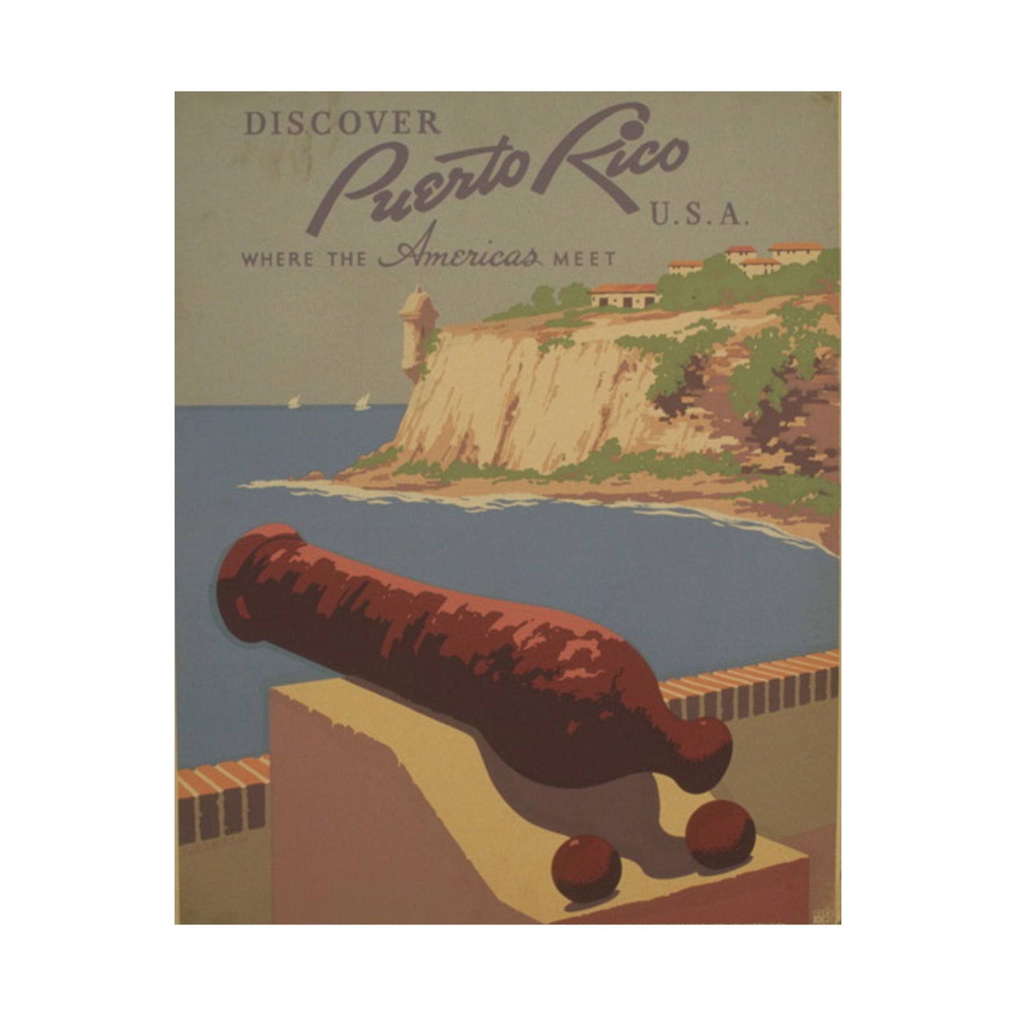 Discover Puerto Rico WPA Poster, 1930s Travel Print by Frank S. Nicholson, El Morro & Coastal View 16x20