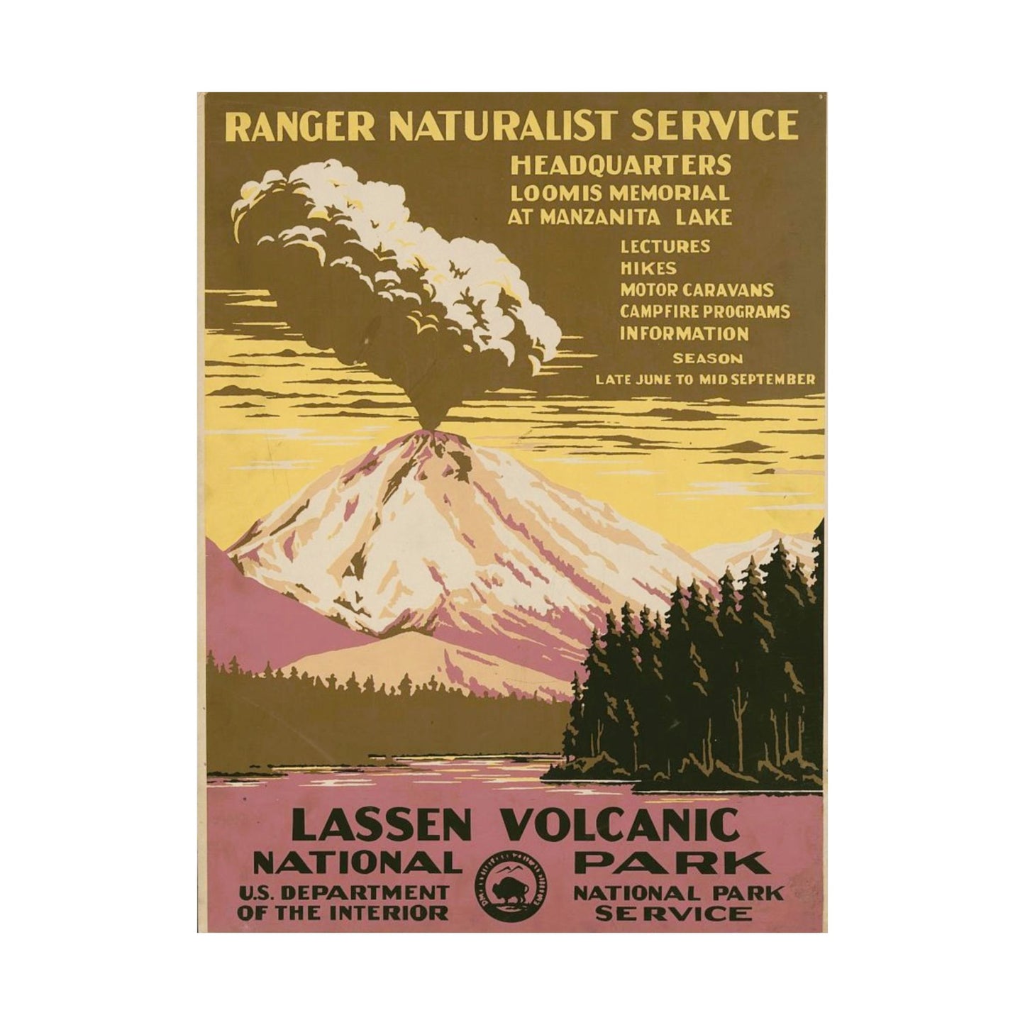 Lassen Volcanic National Park Poster, 1938 Eruption Scene by C. Don Powell, WPA Era Nature Print 18x24