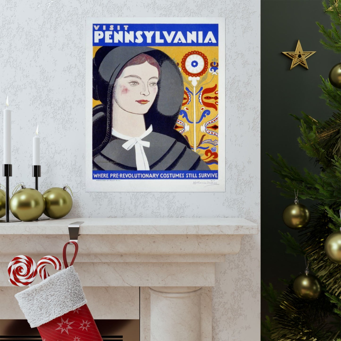 Visit Pennsylvania WPA Poster, 1936 Folk Art Print by Katherine Milhous, Colonial Costume & Fraktur 16x20