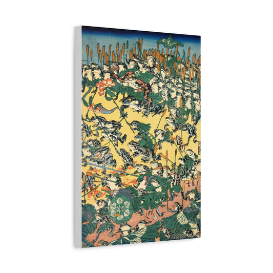 Fashionable Battle of Frogs # 1, 1864 Japanese Woodblock Print by Kyosai, Vintage Frogs on 12x18 Canvas
