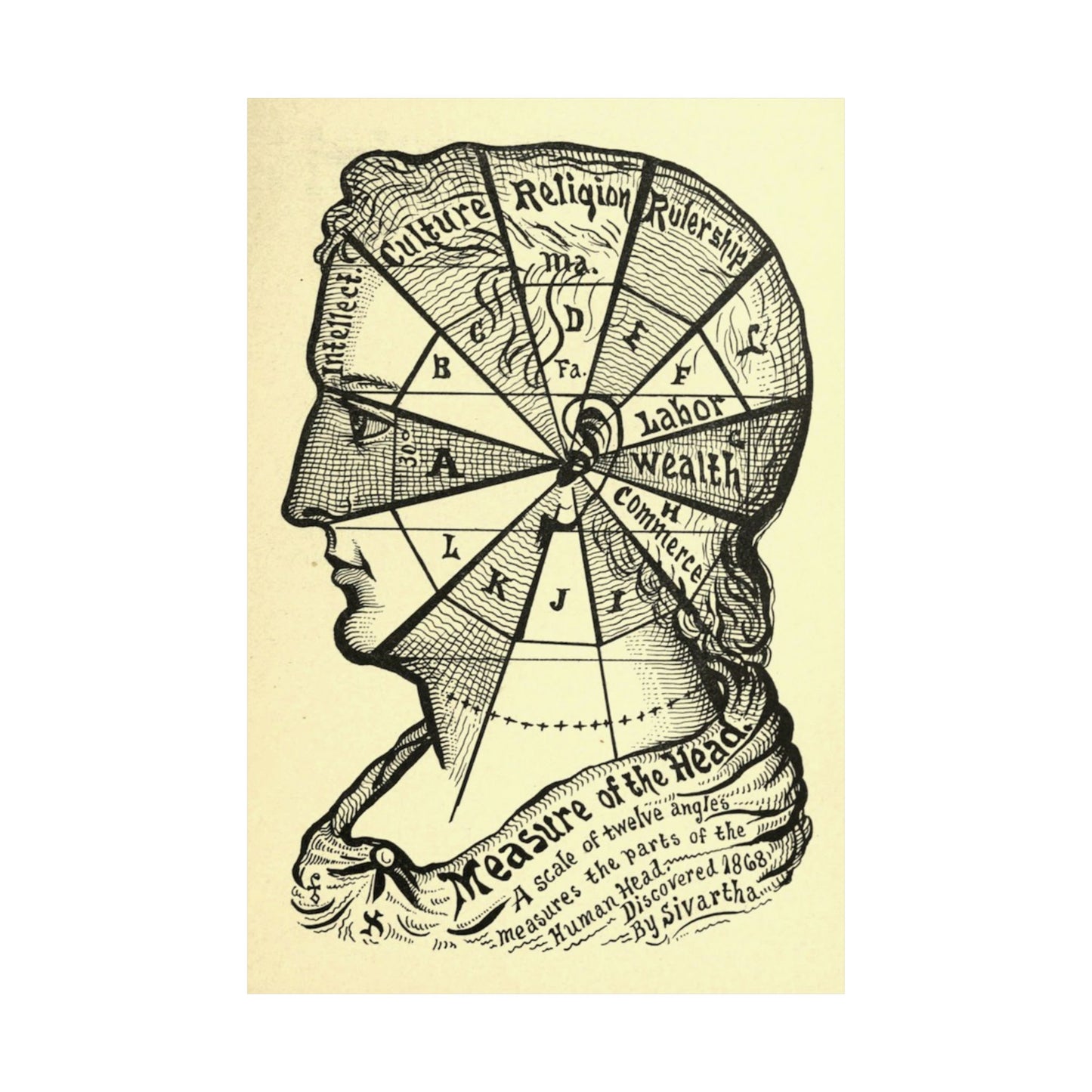 Theosophical Brain Map, 1898 Diagram by Dr. Alesha Sivartha, Esoteric Nervous System Print