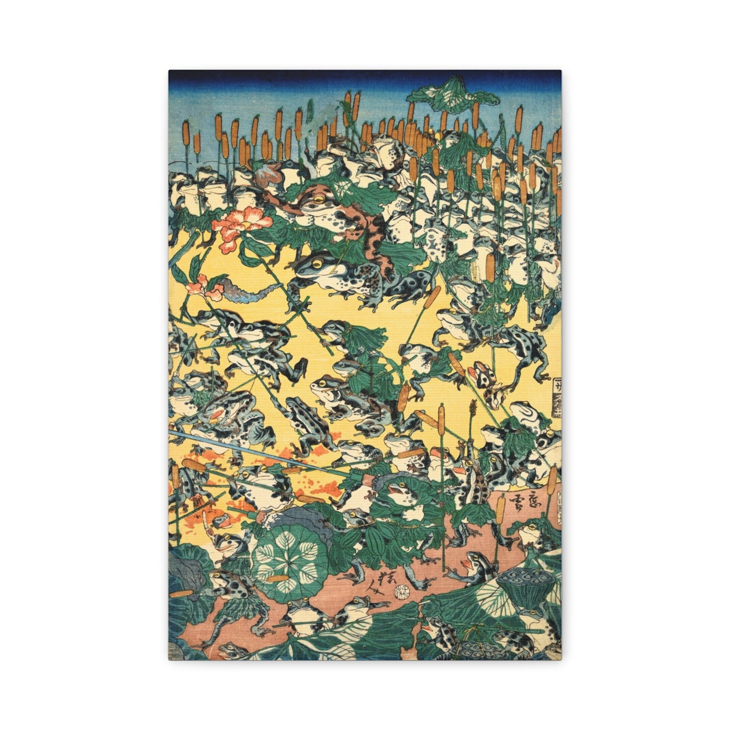 Fashionable Battle of Frogs # 1, 1864 Japanese Woodblock Print by Kyosai, Vintage Frogs on 12x18 Canvas
