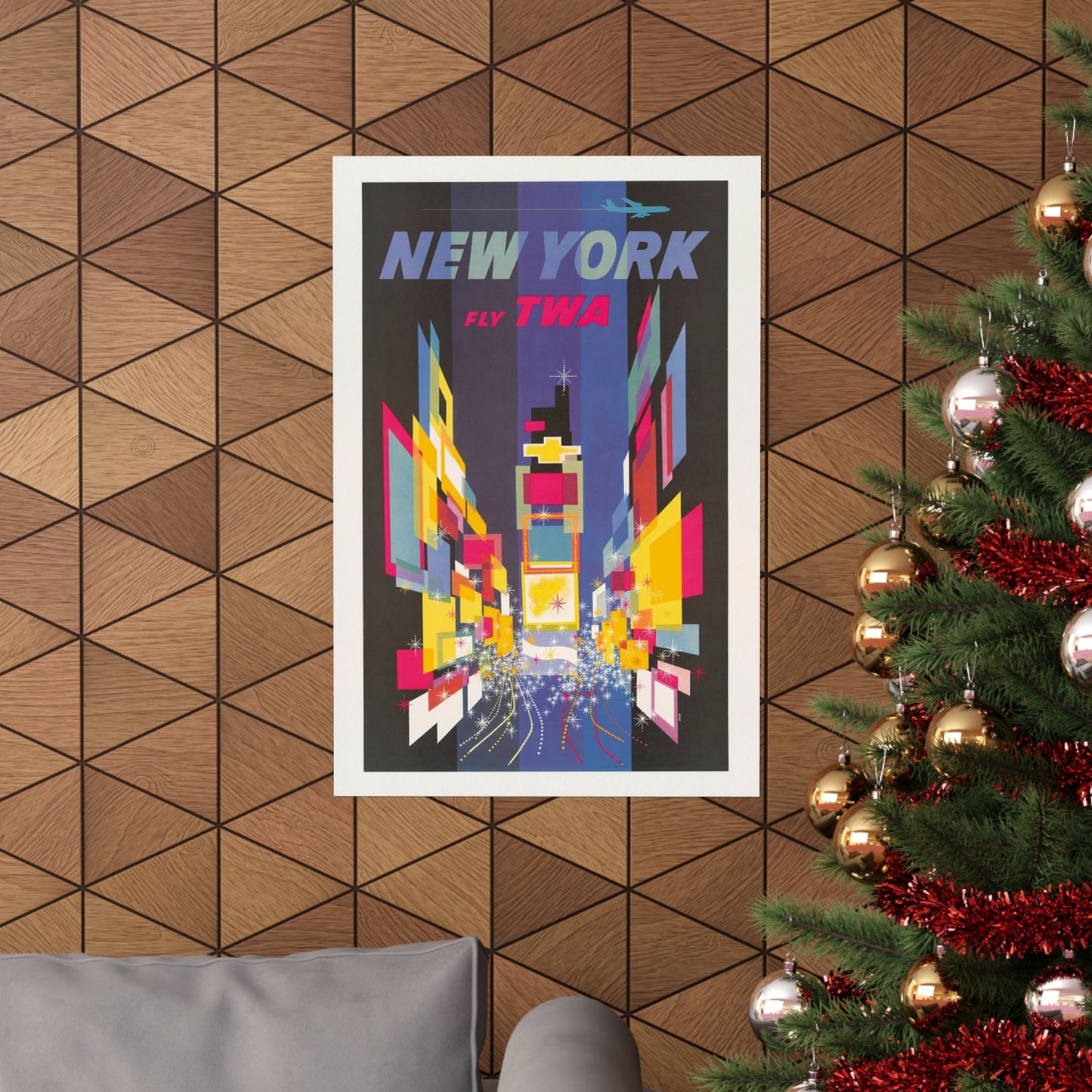 Times Square TWA Poster, 1960s New York Travel Art by David Klein, Midcentury Jet Age Print 20x30