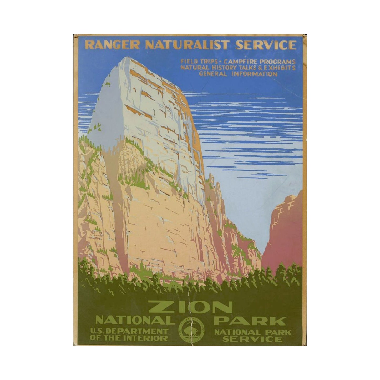 Zion National Park Poster, 1938 Ranger Naturalist Service Print by C. Don Powell, WPA Era Landscape 18x24